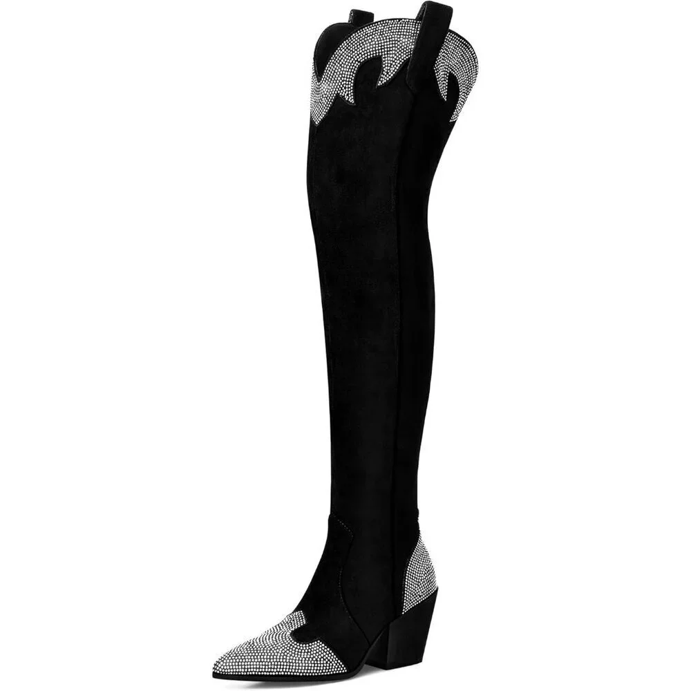 Women Black Suede Polyurethane (PU)Black Thigh High Pointed Toe Chunky Heel Boot